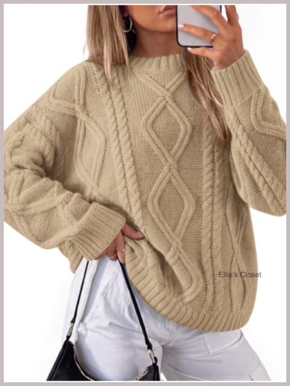 Oversized Cable Knit Pullover Sweater Lantern Sleeve Crew Neck